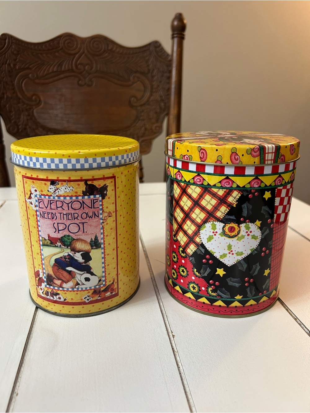 Y2K Vintage Mary Engelbreit Decorative Yellow and Multicolor Tin Canisters